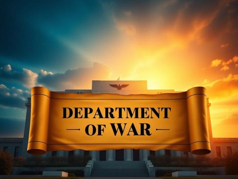 Flick International Grand building symbolizing military strength, reminiscent of the Pentagon, under strong golden sunlight with prominent military symbols