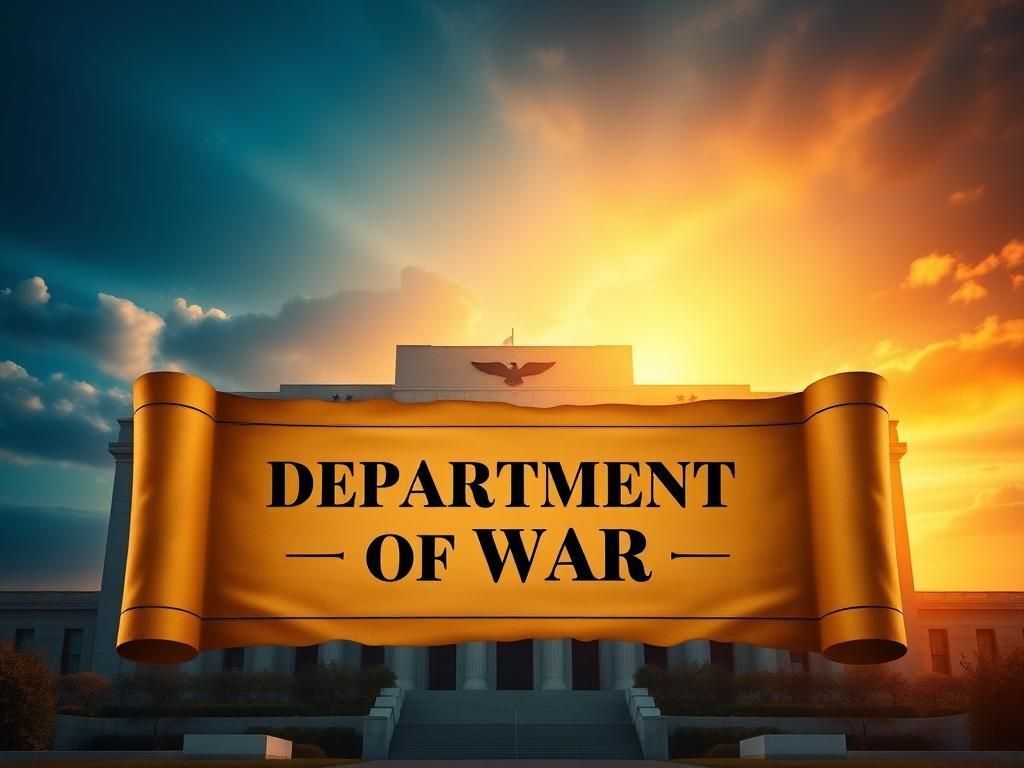 Flick International Grand building symbolizing military strength, reminiscent of the Pentagon, under strong golden sunlight with prominent military symbols