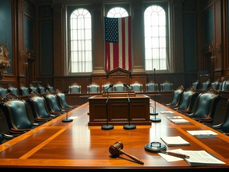 Flick International A United States Senate hearing room with a polished wooden table and empty ornate chairs, symbolizing authority and political discourse.