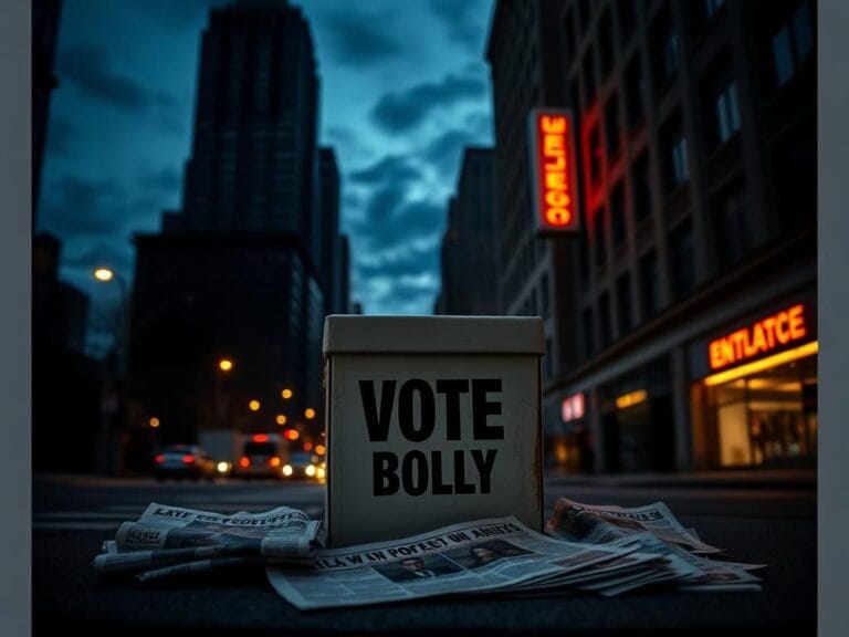 Flick International Dimly lit urban landscape at dusk featuring a weathered ballot box, symbolizing the importance of voting.