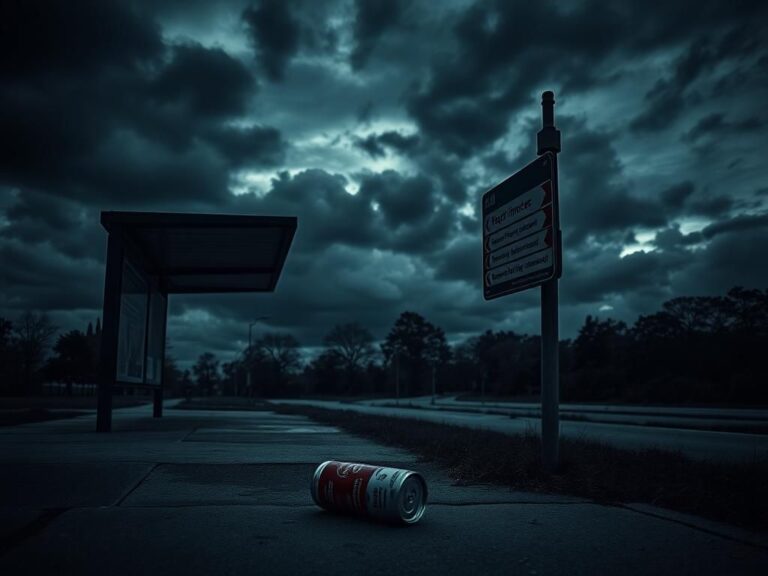 Flick International Abandoned bus stop at dusk with a deserted landscape evoking danger and neglect