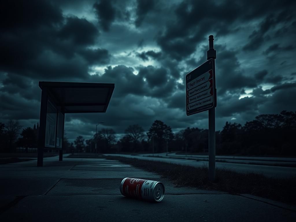 Flick International Abandoned bus stop at dusk with a deserted landscape evoking danger and neglect