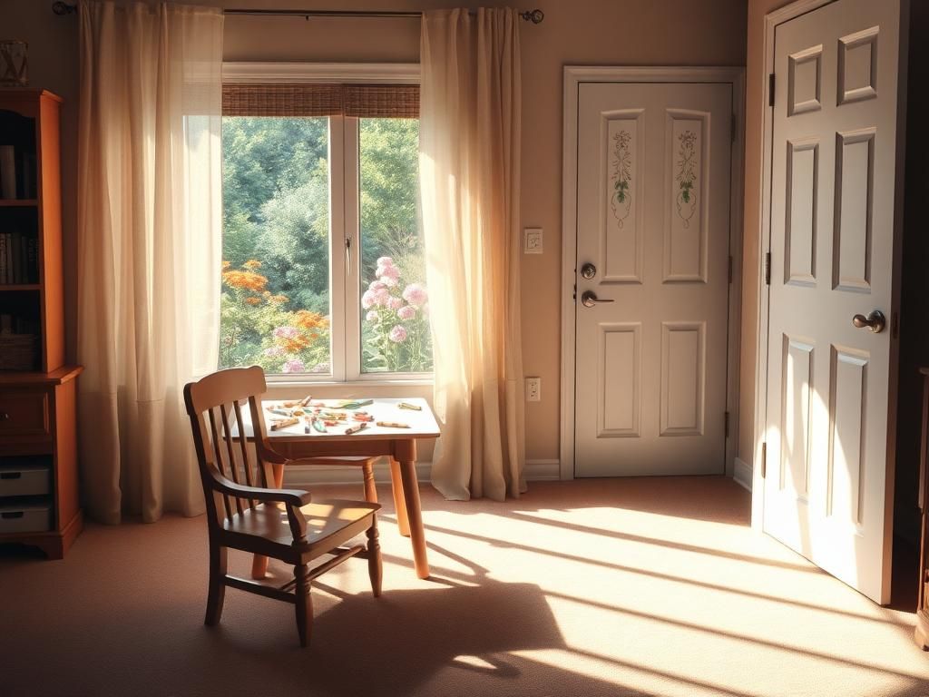 Flick International Cozy foster home with an empty child's chair and art table, symbolizing lost childhoods.