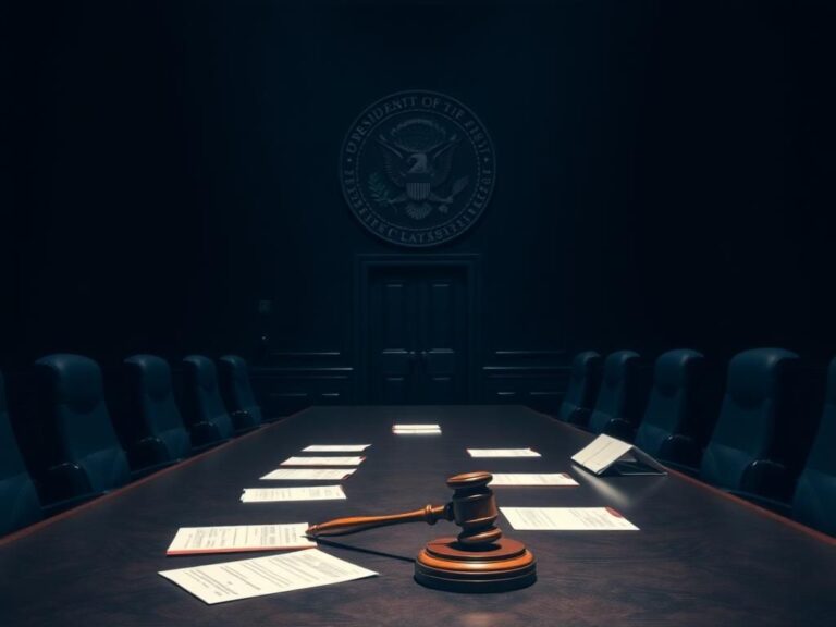 Flick International Dramatic congressional hearing room with empty chairs and presidential seal