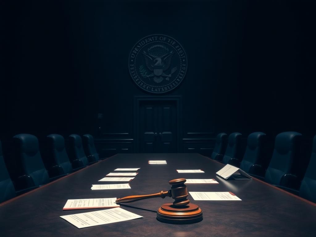 Flick International Dramatic congressional hearing room with empty chairs and presidential seal