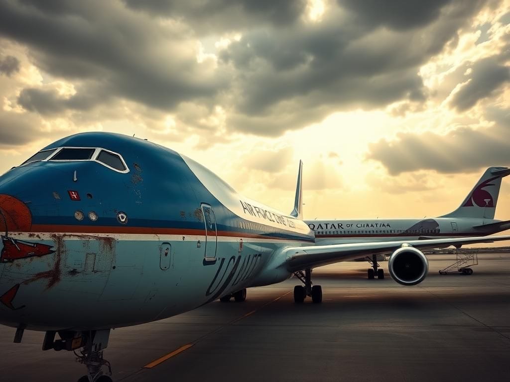 Flick International Aging Air Force One aircraft on tarmac showcasing wear and tear