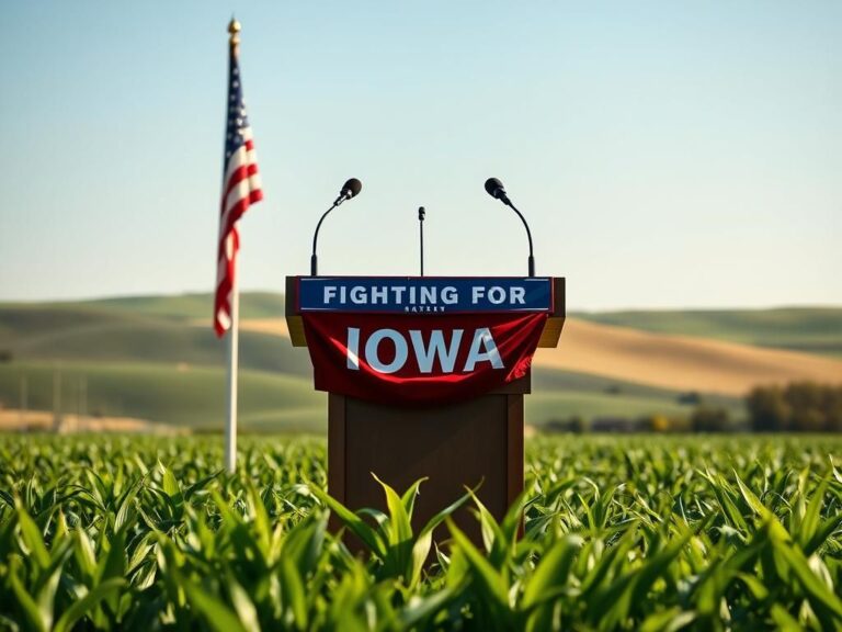 Flick International A political campaign scene in Iowa with an empty podium and American flag