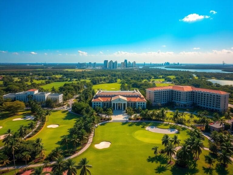 Flick International Aerial view of the Trump Doral resort in Miami, showcasing golf courses and luxury hotels