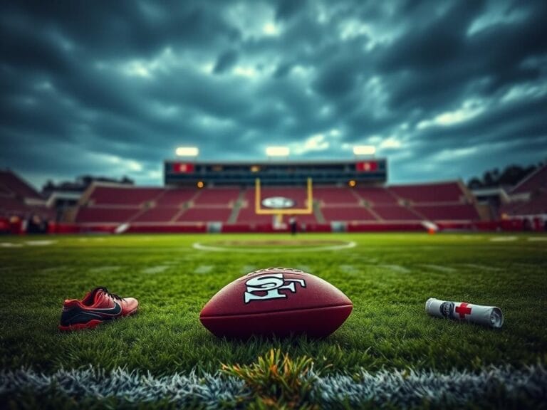 Flick International Dramatic image of a San Francisco 49ers football field at dusk with logo, cleats, and football on the sidelines.