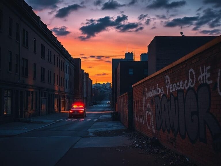 Flick International Somber urban landscape of Baltimore at twilight, illustrating crime and neglect.
