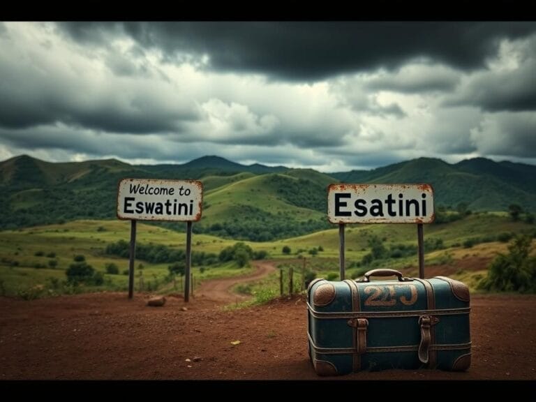Flick International Landscape of Eswatini with abandoned border sign and suitcase representing deportation