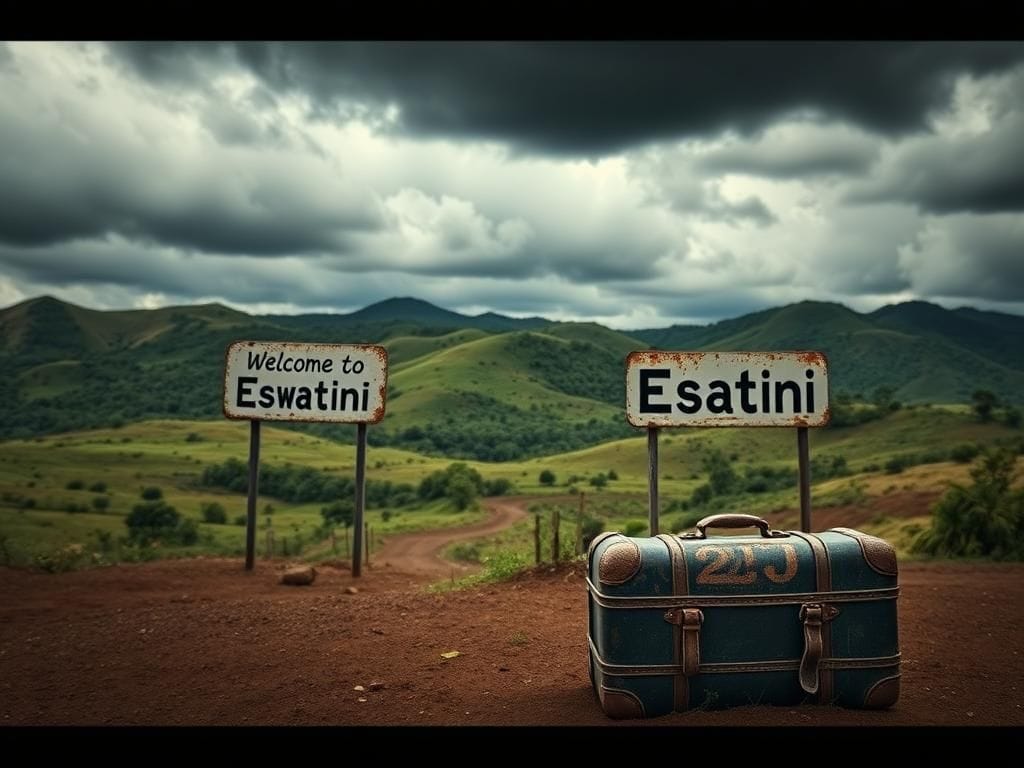 Flick International Landscape of Eswatini with abandoned border sign and suitcase representing deportation