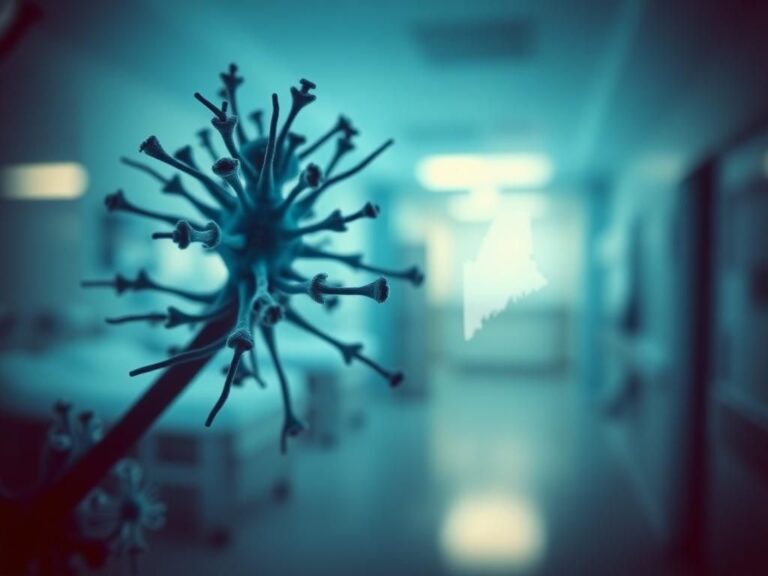 Flick International Close-up view of a tuberculosis bacterium under a microscope with a blurred hospital background