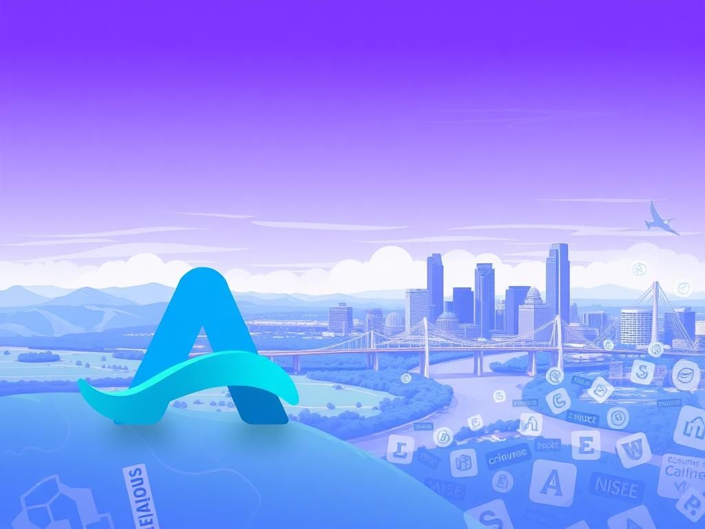 Flick International Abstract representation of Austin's landscape featuring a stylized 'A' logo in blue and green tones against a chaotic backdrop.