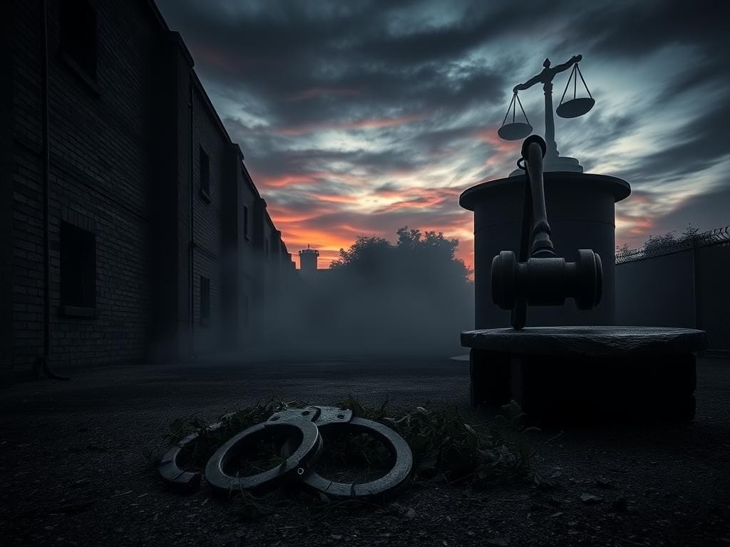 Flick International Dark prison courtyard at twilight with cracked walls and abandoned handcuffs