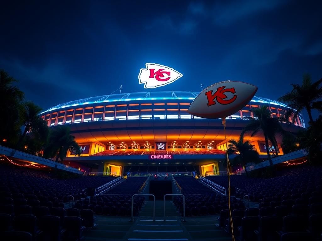 Flick International A vibrant view of the Neo Química Arena in São Paulo, illuminated at night, showcasing the Kansas City Chiefs logo and a football-shaped balloon in the foreground.