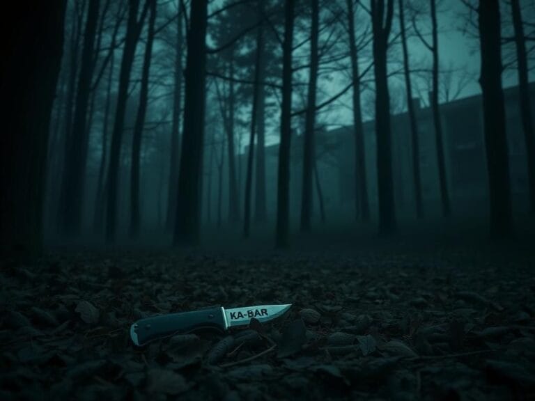 Flick International Discarded Ka-Bar knife sheath found in a dimly lit forest symbolizing crucial evidence in a crime investigation
