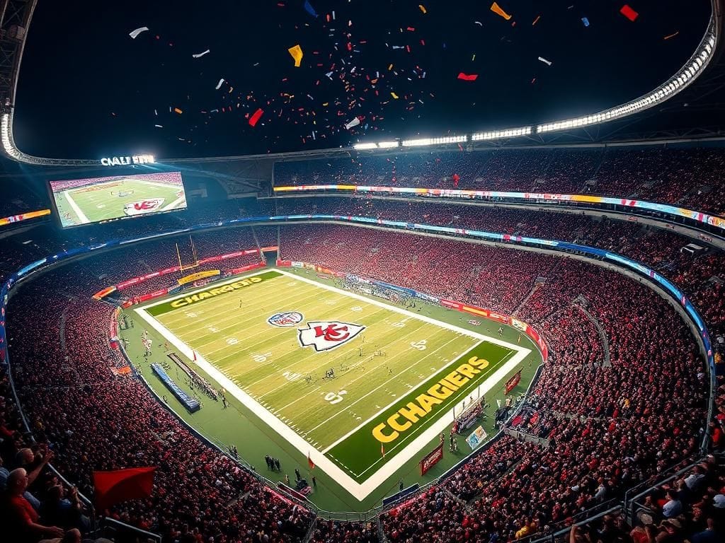 Flick International Aerial view of a vibrant football stadium during an NFL game in São Paulo, Brazil, showcasing the Charger's victory.