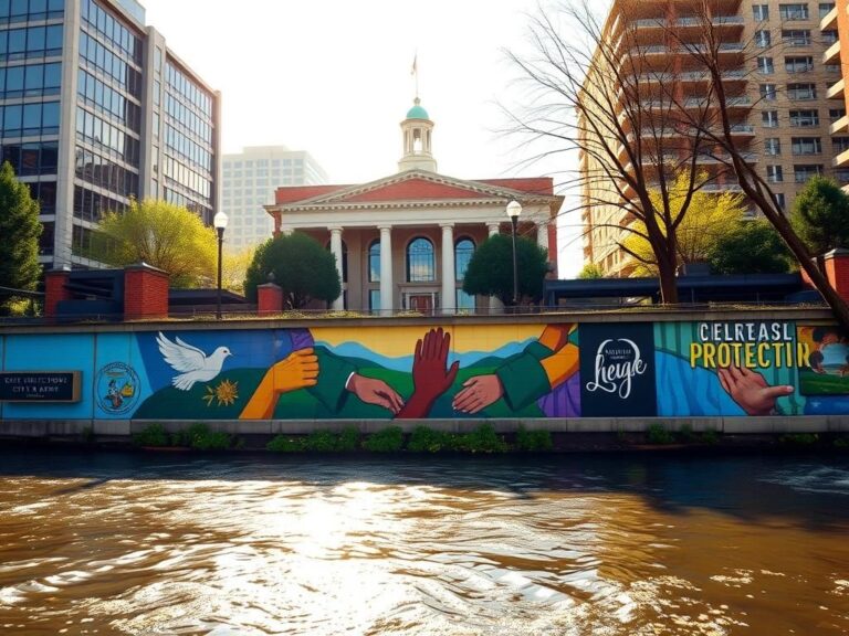 Flick International Urban landscape of Durham, North Carolina, featuring city hall and a vibrant mural symbolizing support for illegal immigrant workers.