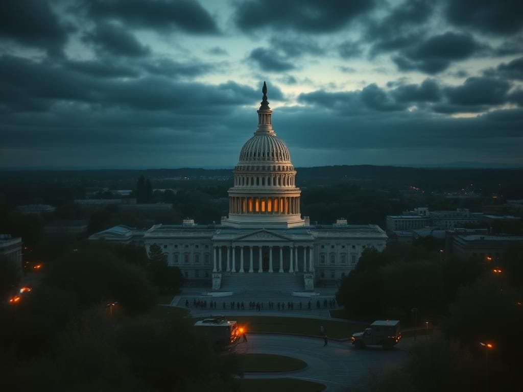 Flick International Aerial view of the U.S. Capitol Building with military presence