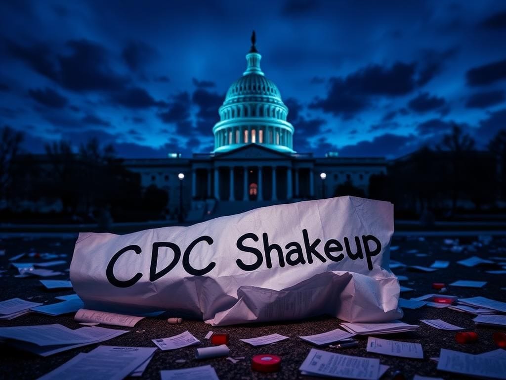 Flick International U.S. Capitol building at dusk with crumpled paper labeled 'CDC Shakeup'
