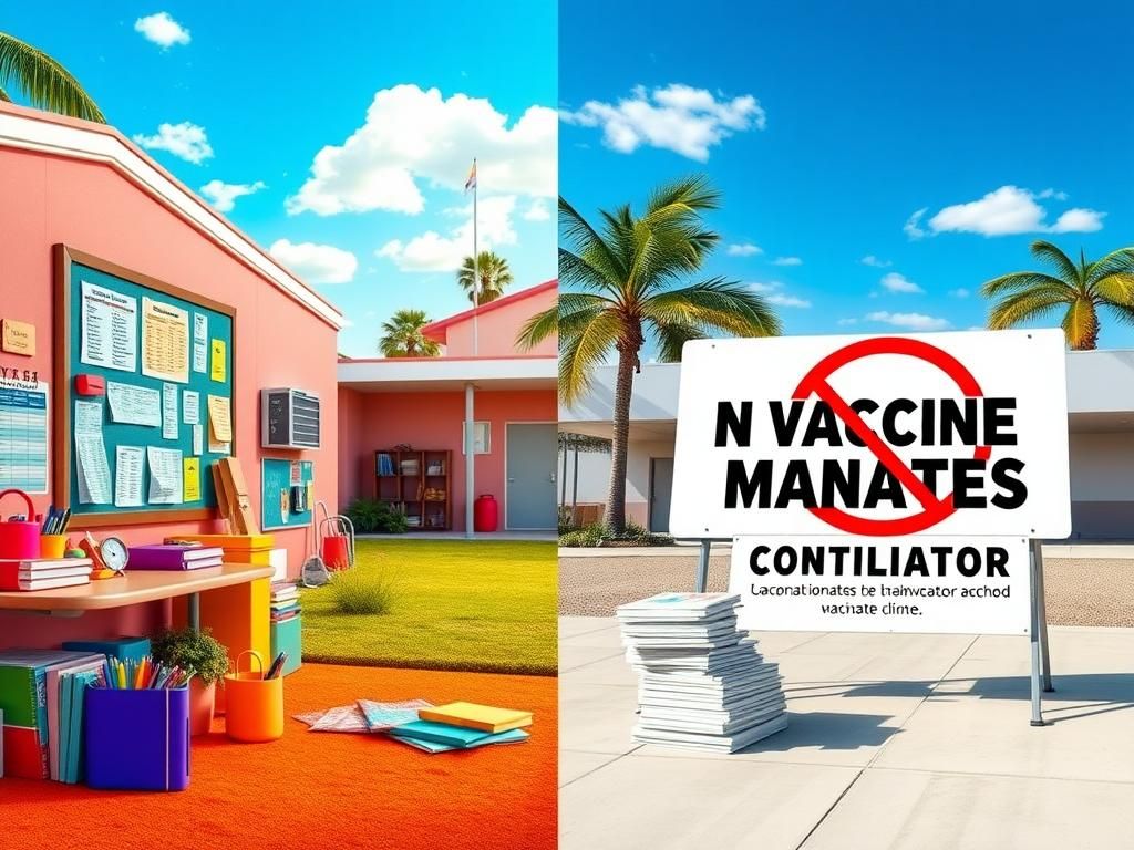 Flick International Split image showing a vibrant schoolyard with traditional vaccine charts on one side and an empty vaccination clinic with a 'No Vaccine Mandates' sign on the other.