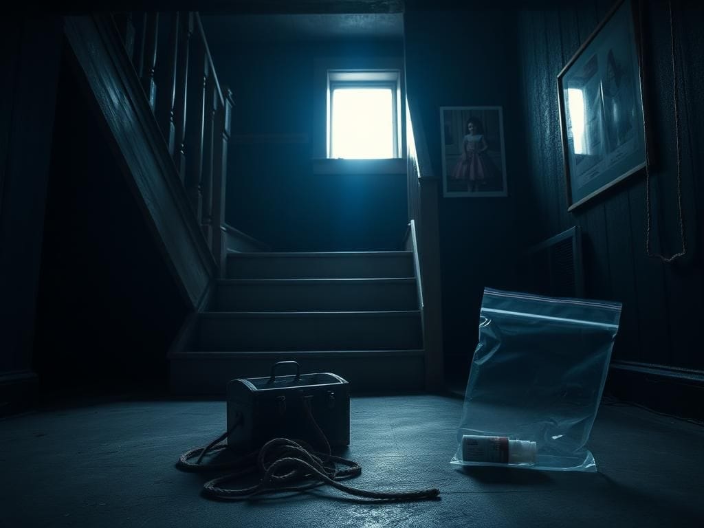 Flick International Dimly lit basement with a toy chest and garrote, symbolizing the JonBenét Ramsey case