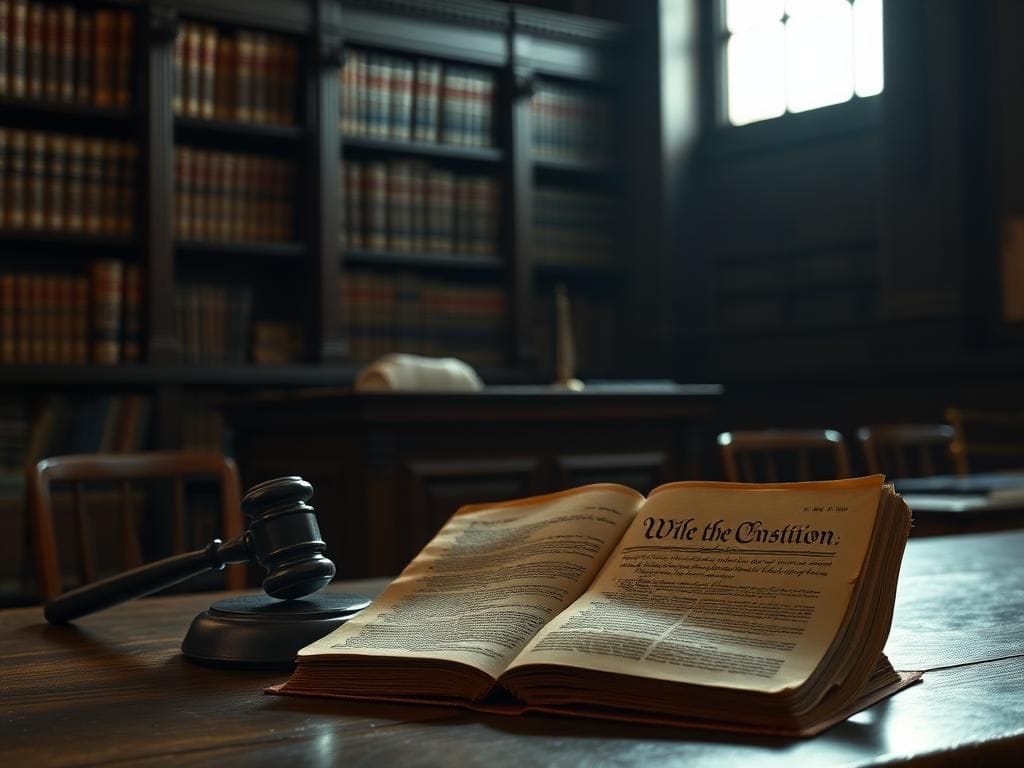 Flick International Somber courtroom scene with a wooden judge's bench and open Constitution