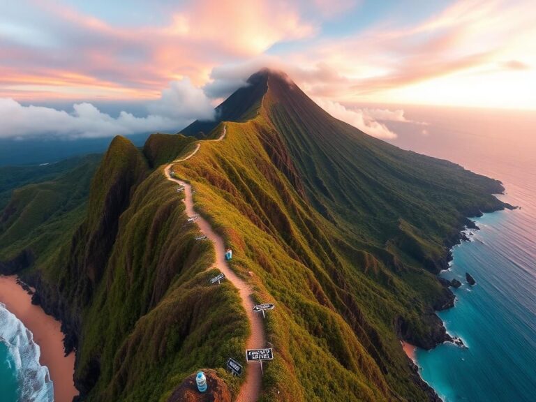 Flick International A breathtaking aerial view of a rugged volcanic landscape with a winding trail leading through a lush green jungle towards the summit.