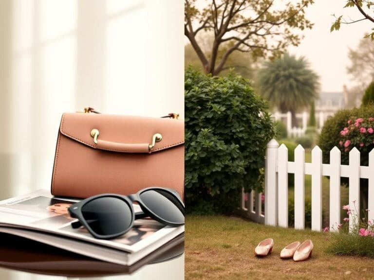 Flick International Elegant handbag and sunglasses symbolizing media scrutiny in contrast with a tranquil garden representing privacy