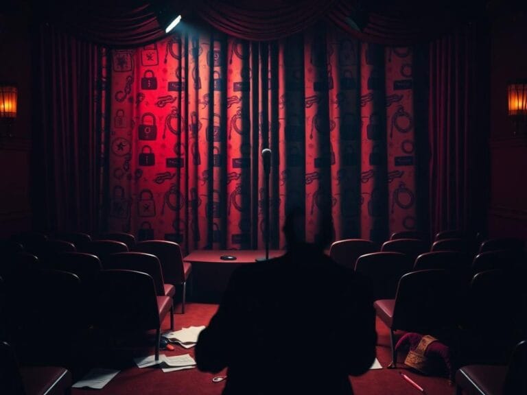 Flick International A dimly lit comedy club scene with a microphone and political symbols representing censorship