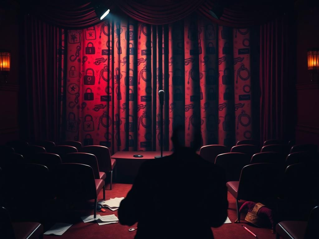 Flick International A dimly lit comedy club scene with a microphone and political symbols representing censorship