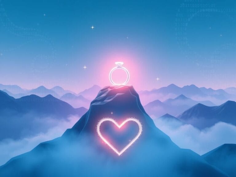 Flick International A glowing engagement ring resting atop a virtual rock formation in a digital landscape.