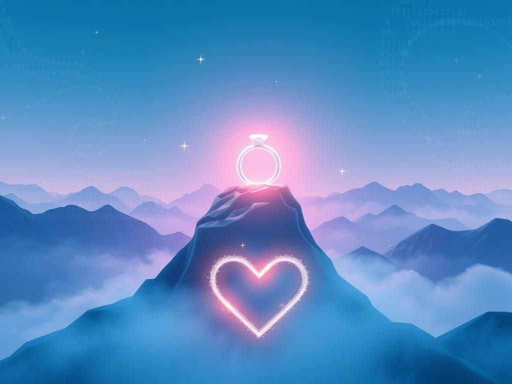 Flick International A glowing engagement ring resting atop a virtual rock formation in a digital landscape.