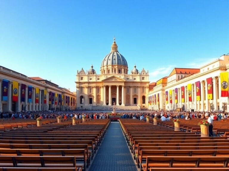 Flick International A vibrant view of St. Peter's Square in Vatican City filled with colorful banners and flags ahead of the canonization ceremony.