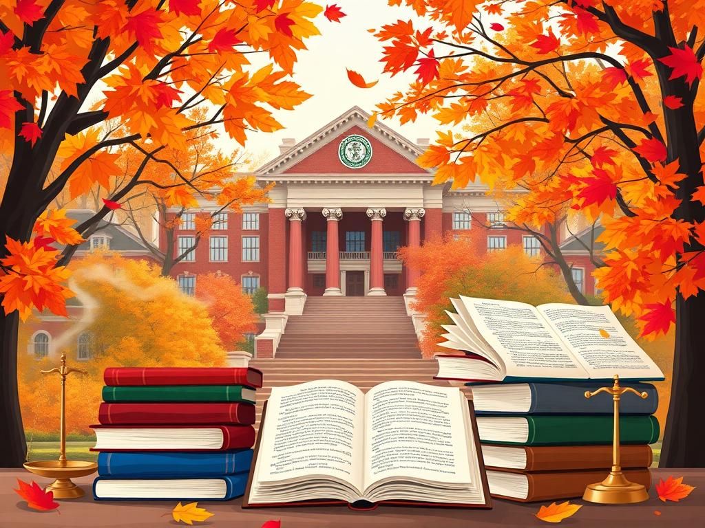 Flick International Vibrant autumn scene of a Harvard-like university campus with historic architecture surrounded by colorful falling leaves and scholarly books.