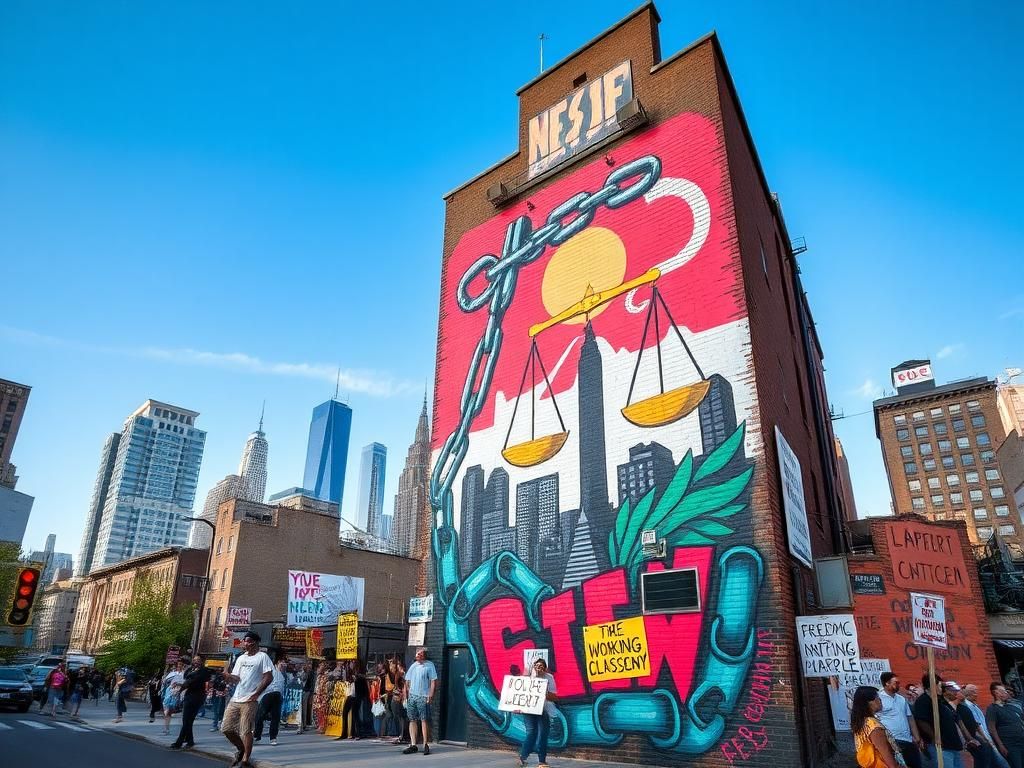 Flick International A vibrant mural in Brooklyn representing the fight against oligarchy and corporate greed.
