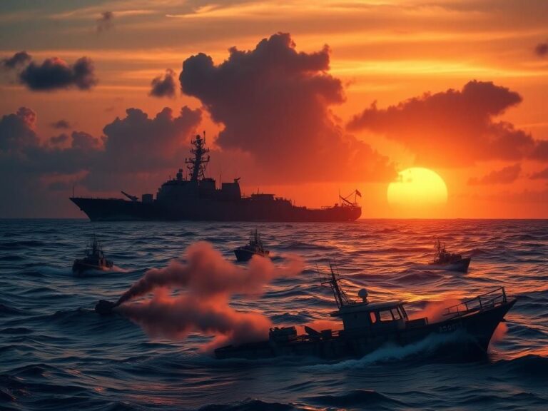 Flick International A sleek military naval ship silhouetted against a dramatic sunset over the ocean, with debris from a destroyed drug boat in the foreground.
