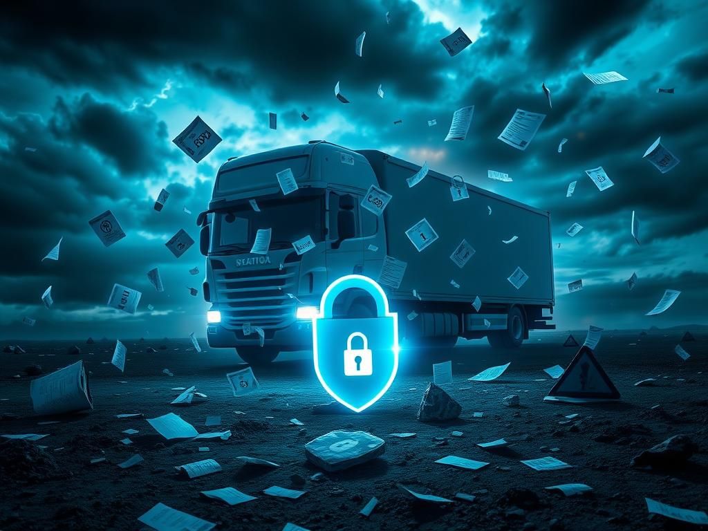 Flick International Surreal digital landscape with a giant delivery truck amidst fragmented data elements symbolizing a data breach.