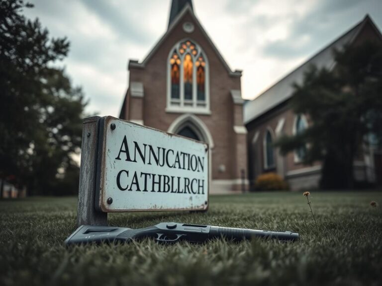 Flick International Exterior view of Annunciation Catholic Church in Minneapolis, with a gun subtly placed on the grass