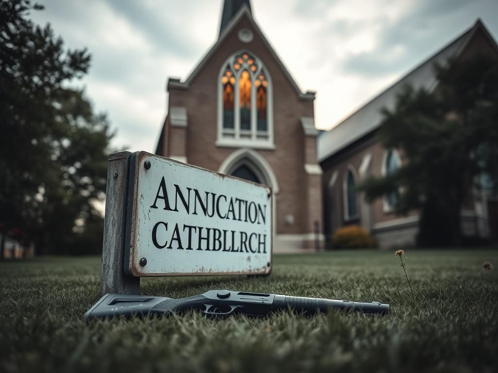 Flick International Exterior view of Annunciation Catholic Church in Minneapolis, with a gun subtly placed on the grass