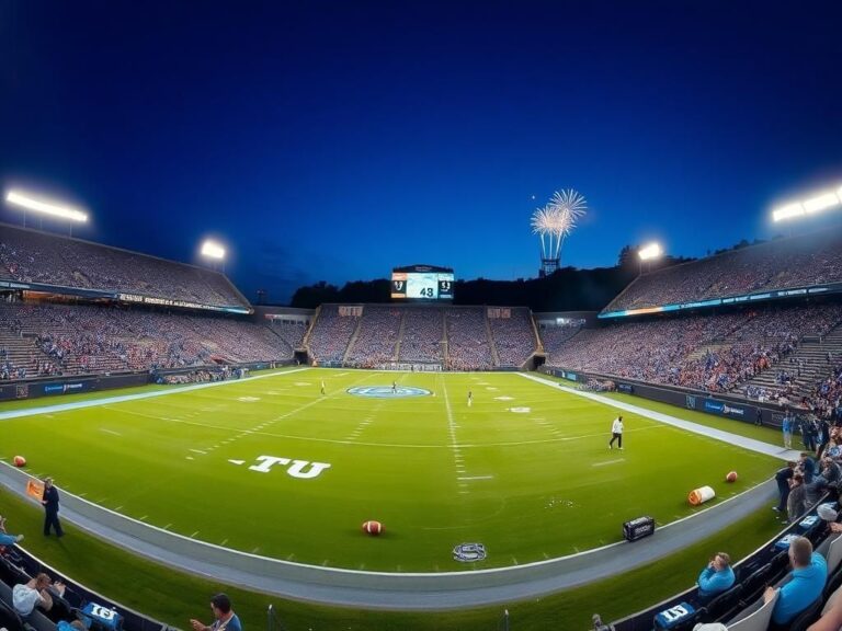 Flick International Panoramic view of Kenan Stadium showcasing the aftermath of a football game, with bright floodlights illuminating the green field and empty seats adorned with Tar Heel merchandise.
