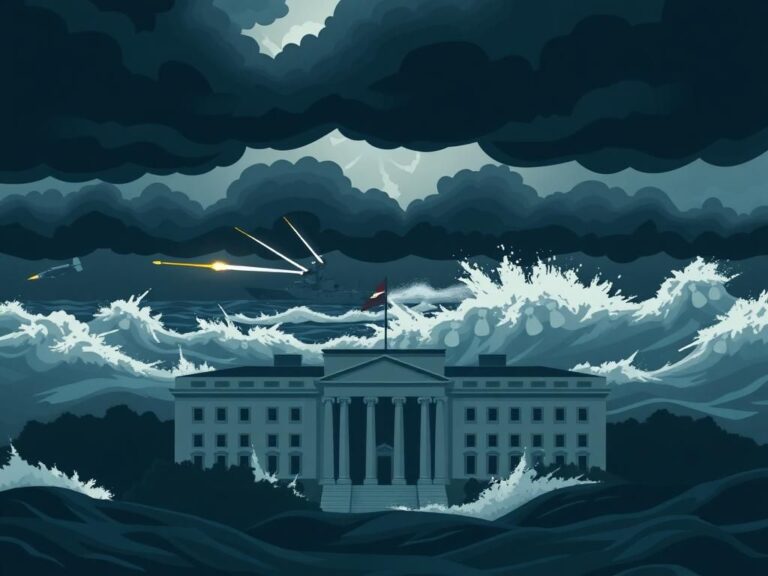 Flick International Dramatic depiction of the Pentagon amidst dark storm clouds with a U.S. Navy destroyer cutting through turbulent waters