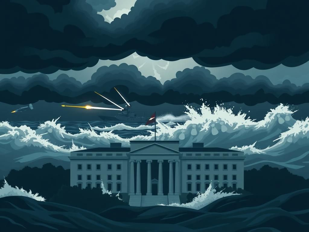 Flick International Dramatic depiction of the Pentagon amidst dark storm clouds with a U.S. Navy destroyer cutting through turbulent waters