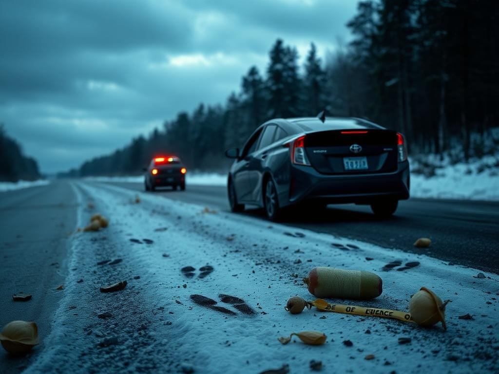 Flick International A desolate Vermont highway scene with a parked Toyota Prius and ominous footprints leading into the woods