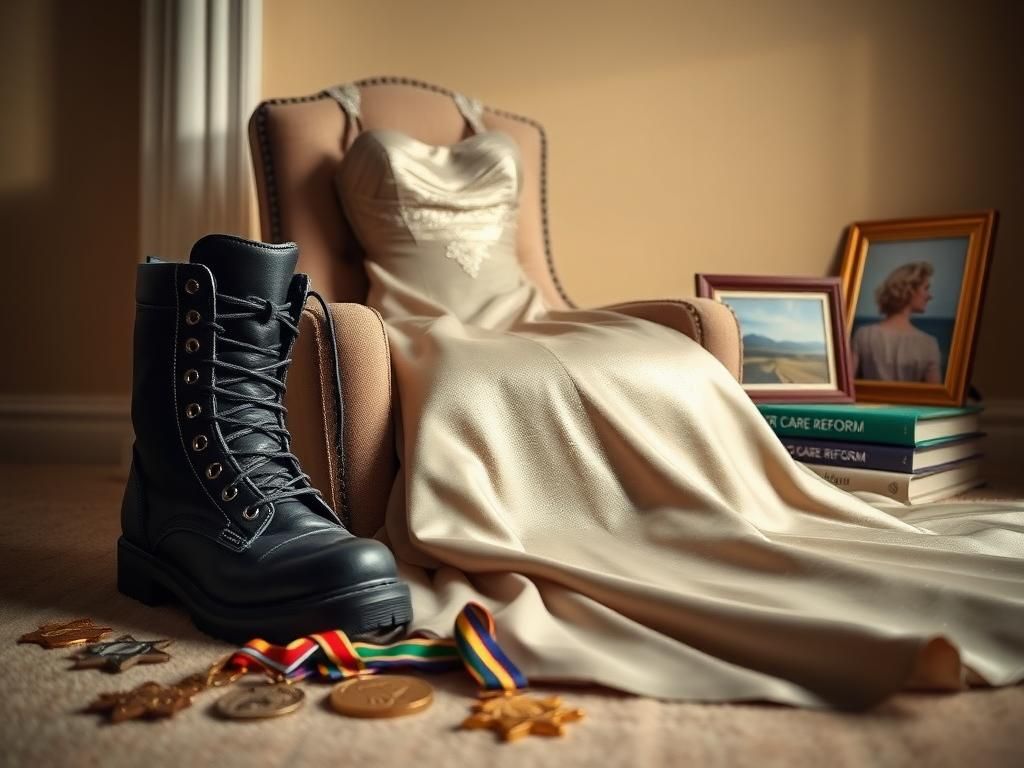 Flick International A pair of black combat boots next to an elegant evening gown, symbolizing military service and transformation.