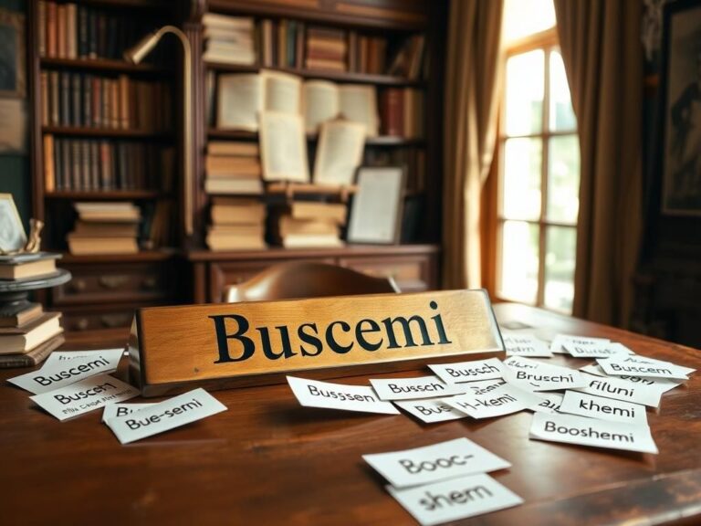 Flick International A whimsical old-fashioned nameplate on a wooden desk engraved with the name 'Buscemi', surrounded by playful mispronunciations.