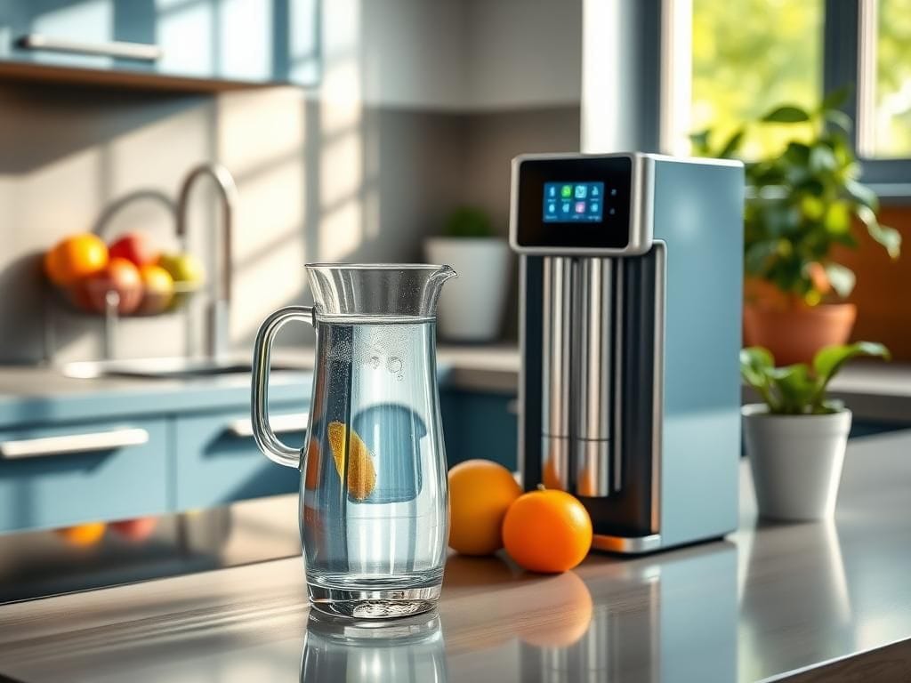 Flick International modern countertop reverse osmosis water filtration system with glass carafe