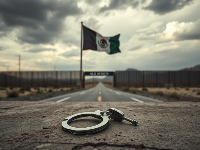 Flick International Stark border landscape at the Dennis DeConcini Port of Entry in Nogales, Arizona, featuring handcuffs and a faded Mexican flag.