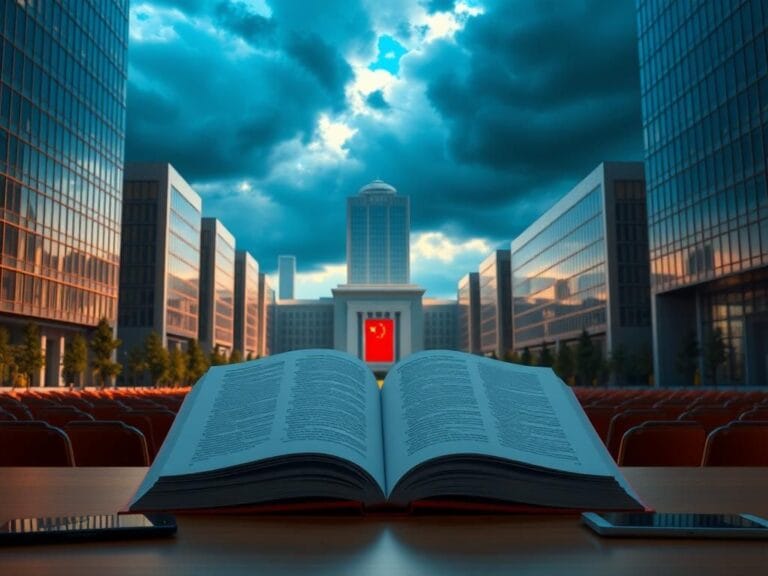 Flick International A digitally rendered scene of a modern American university campus with a large open book, representing education and the presence of Chinese students.